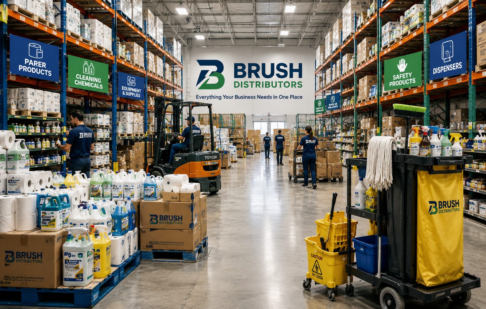 Brush Distributors warehouse fully stocked with commercial cleaning supplies